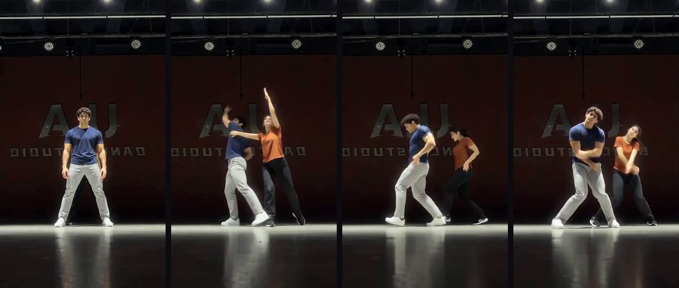 A2O LITE 霓虹舞 AI 视频的四帧画面：两位白衣舞者在红色灯光的练习室同步起舞