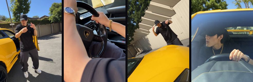 Four frames from an Ali G driving scene AI video: a young man in a black cap and gold chain dances by a yellow supercar, grips the wheel, dances behind the bonnet and drives
