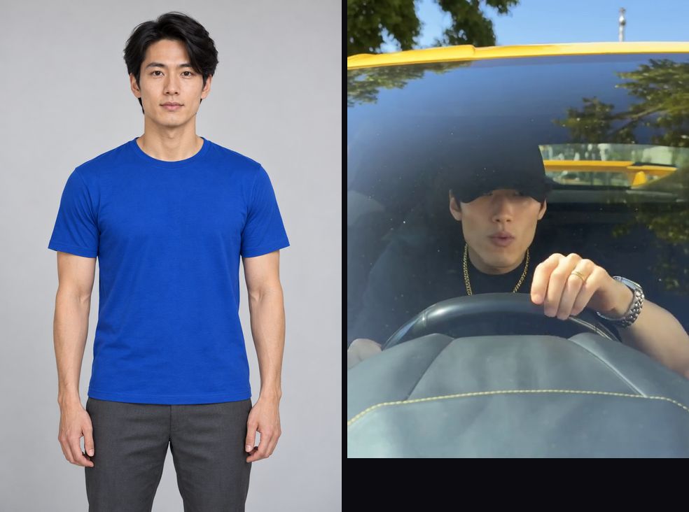 Photo in, video out: an AI-generated photo of a young man with black hair in a blue T-shirt (left) and the same man in a black cap and gold chain driving a yellow supercar (right)