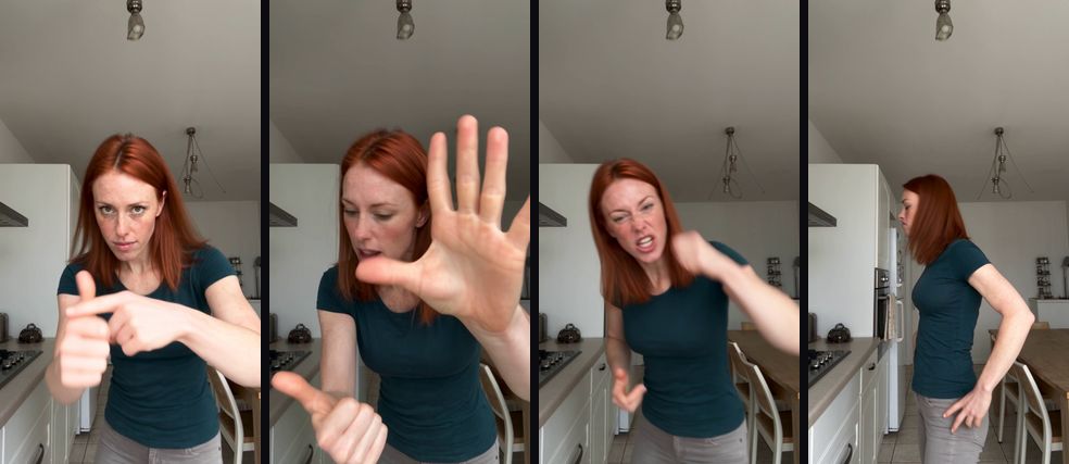 Four frames from an Angry Dance Filter AI video: a red-haired woman in a teal T-shirt jabs a finger into her palm, shoves her hand at the camera, shouts and turns away in a white kitchen
