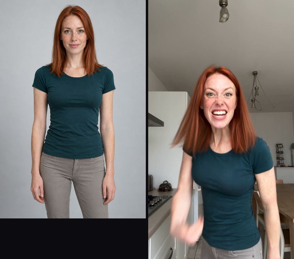 Photo in, video out: an AI-generated photo of a red-haired woman in a teal T-shirt and grey jeans (left) and the same woman shouting at the camera in the angry dance kitchen (right)