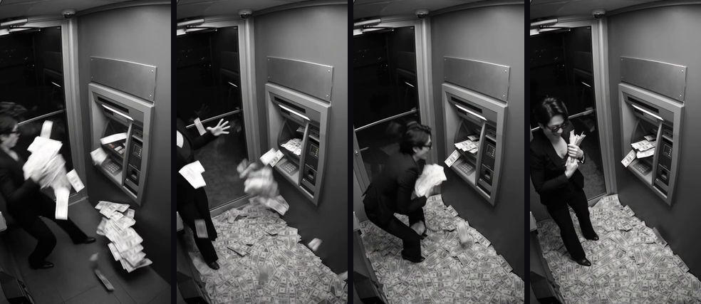 ATM Glitch AI 视频的四帧黑白监控画面：穿黑西装的年轻男人被取款机喷出的钞票冲击，捞起钞票，最后戴墨镜拿着一沓钱站着