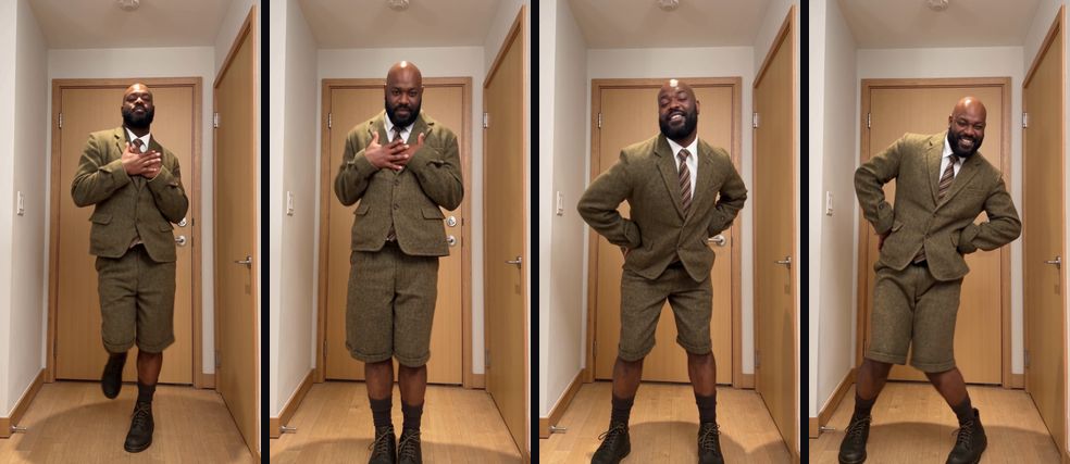 Four frames from a Girls' Generation Gee AI dance video: a bald, bearded man in a tweed suit and shorts puts a hand on his heart, then does the crab-leg step with his hands on his hips in a hallway