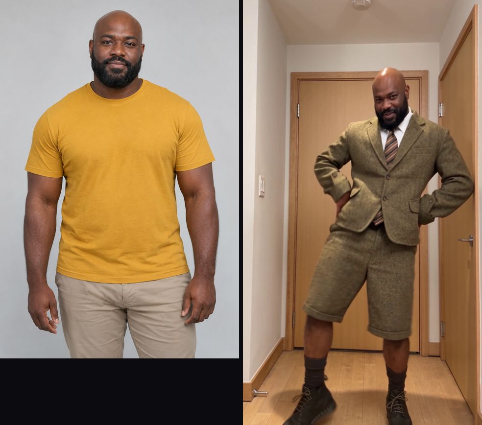 Photo in, video out: an AI-generated photo of a bald, bearded man in a mustard T-shirt (left) and the same man doing the Gee crab-leg step in a tweed suit (right)