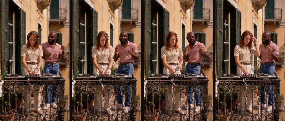 Four frames from a Mind Enterprises balcony AI video: a red-haired woman in headphones plays the decks while a bald, bearded man dances beside her on a sunny balcony