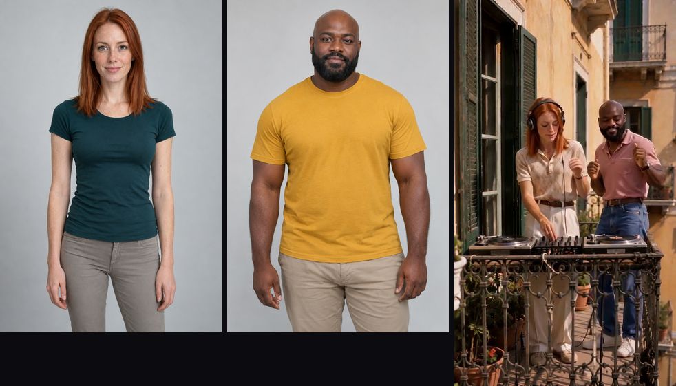 Two photos in, one video out: AI-generated photos of a red-haired woman and a bald, bearded man (left) and the same two people as DJ and dancer on the balcony (right)