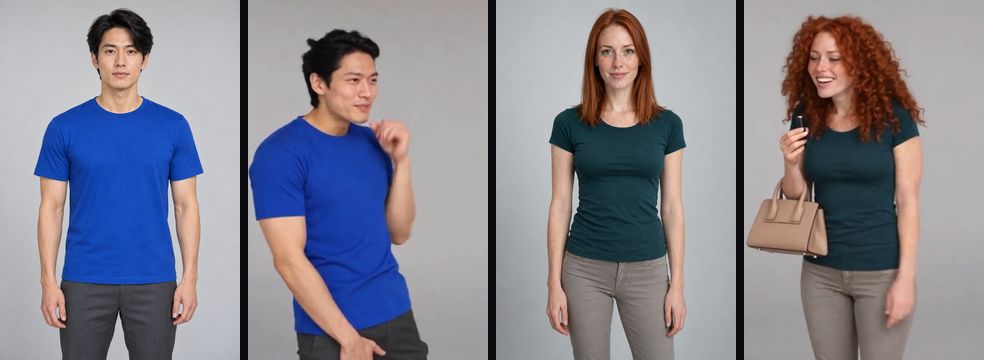 照片变成视频：AI 生成的穿蓝色 T 恤的男人和穿墨绿上衣、红色直发的女生，各自旁边是他们在 oh you can make it cap 摄影棚视频里的画面