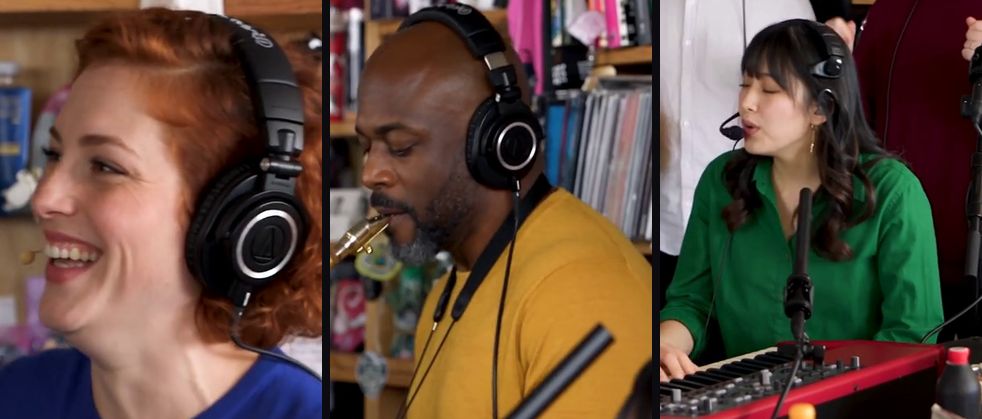 Tiny Desk AI 三人版视频的三帧画面：红发女生作为主唱大笑、光头男人吹萨克斯、绿衣女生在红色键盘后唱歌